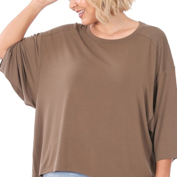MOCHA BOXY DROP SHOULDER HI-LOW TOP - Picture 1 of 7